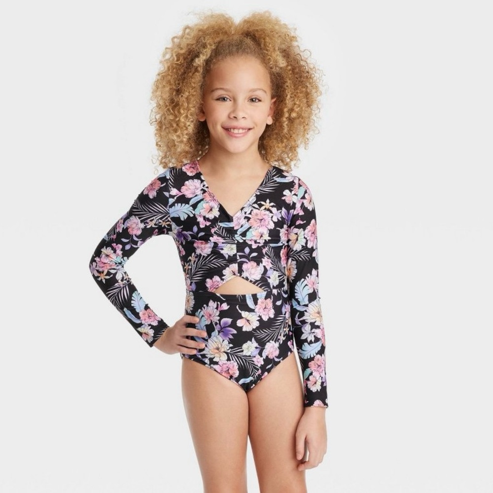 Art Class Floral Long Sleeve Swimsuit with Cutout